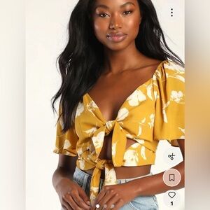 Lulu's Mustard Floral Tie-Front Blouse